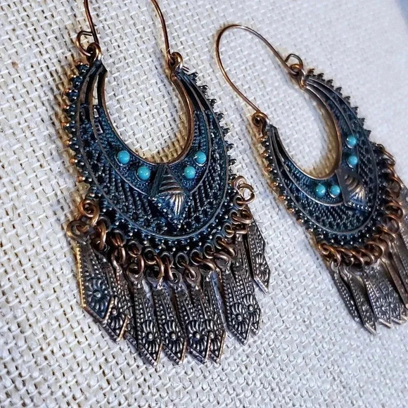 Antique Copper Verdigris Blue Green Patina Edgy Geometric Dangles Earrings - Picture 8 of 8